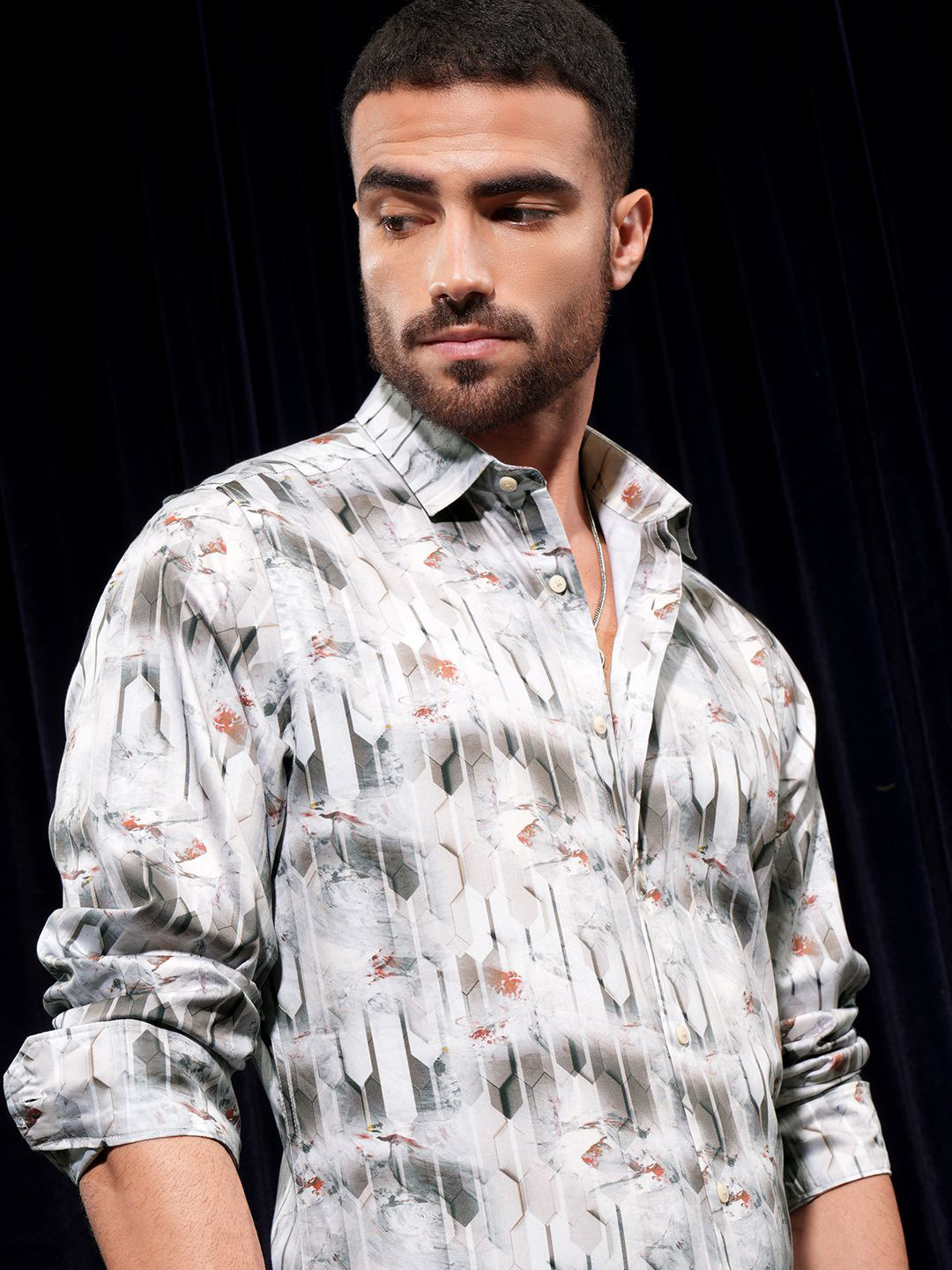 LOCOMOTIVE Luxe Men Dobby Textured Abstrack Cuban Collar Relaxed Shirt