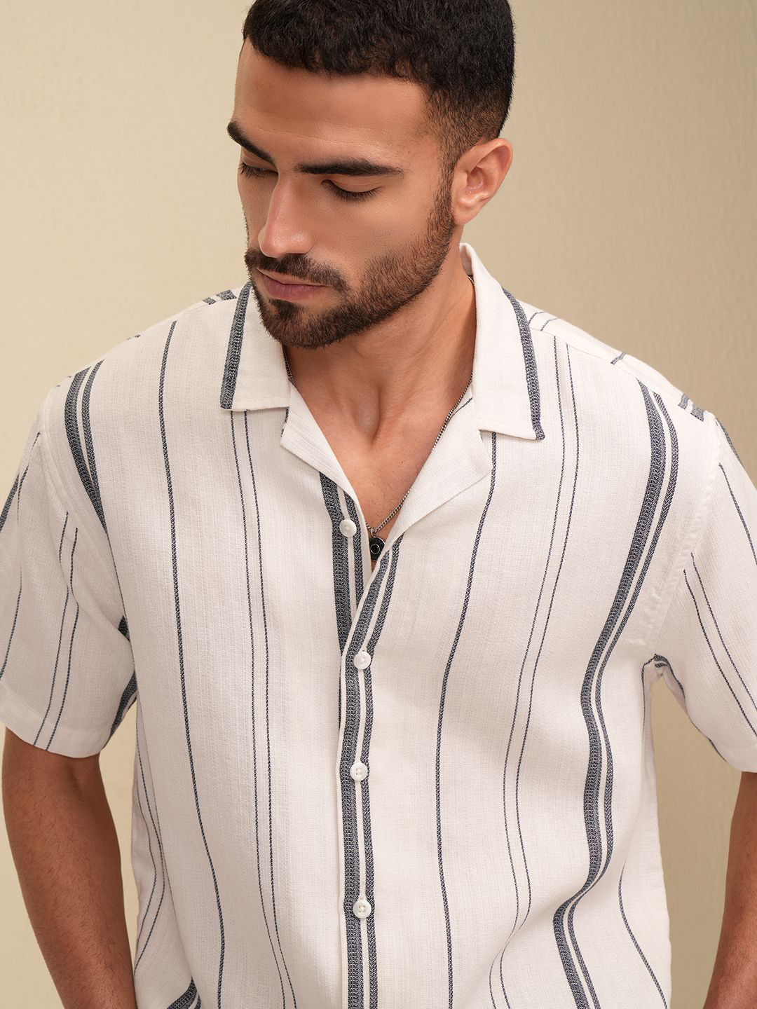 LOCOMOTIVE Luxe Men Dobby Textured Cuban Collar Relaxed Shirt
