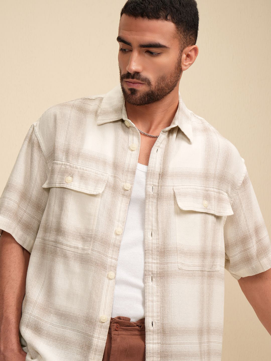 LOCOMOTIVE Premium Men Dobby Textured Checked Utilitypocket Oversized Overshirt