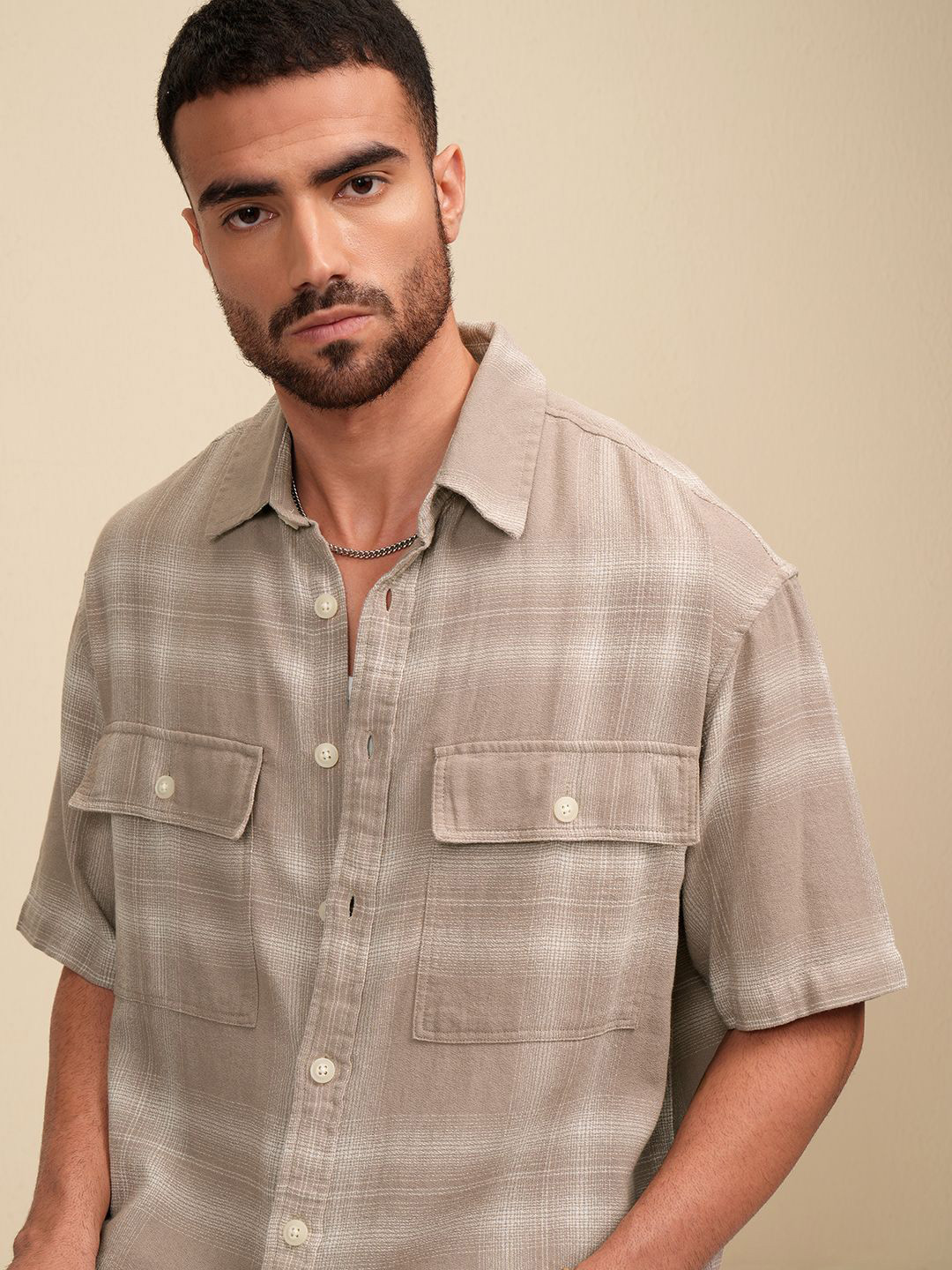 LOCOMOTIVE Premium Men Tan Dobby Textured Checked Utilitypocket Oversized Overshirt