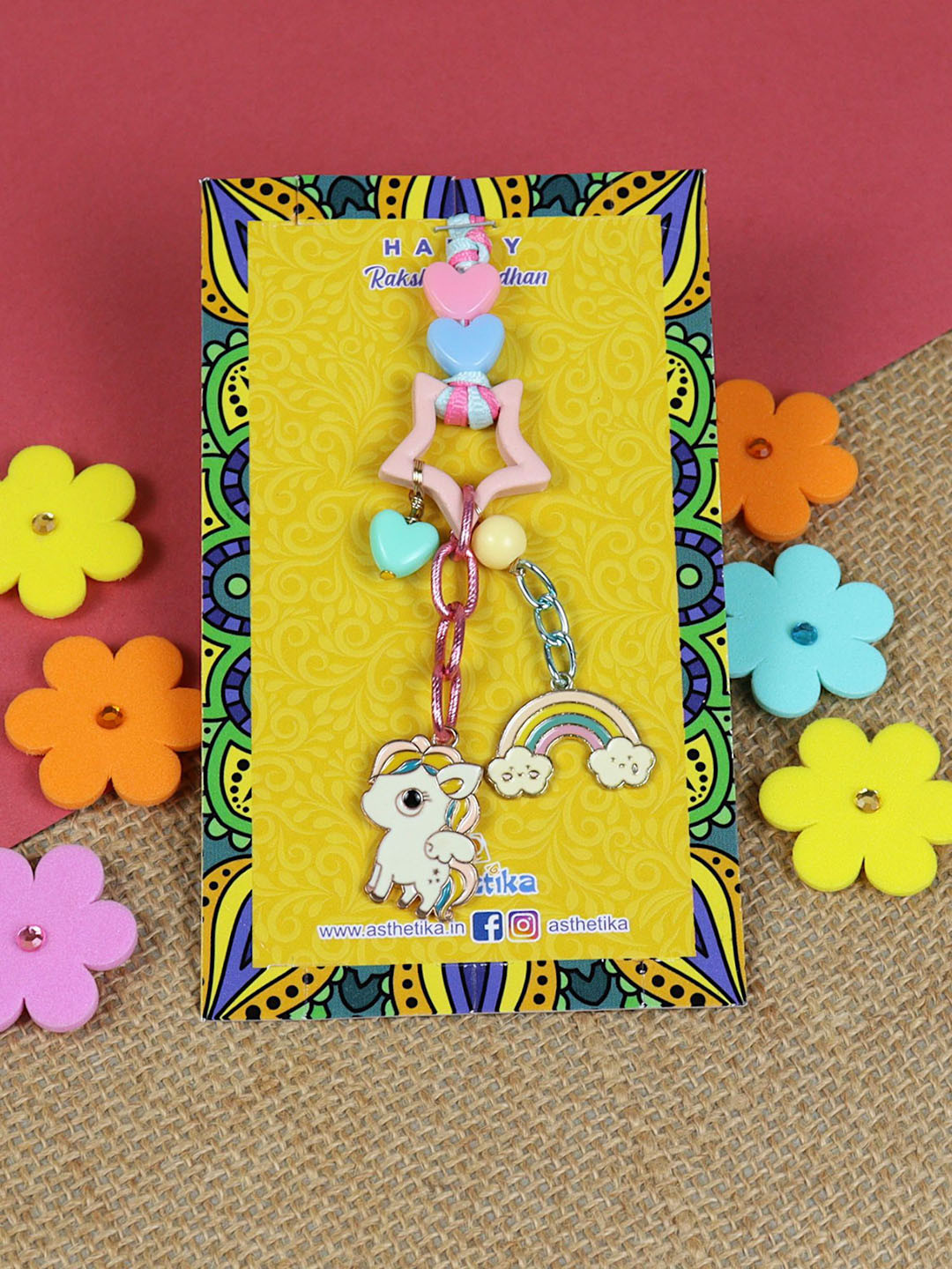 Asthetika Unicorn Star Rainbow Lumba Thread Rakhi With Roli Chawal