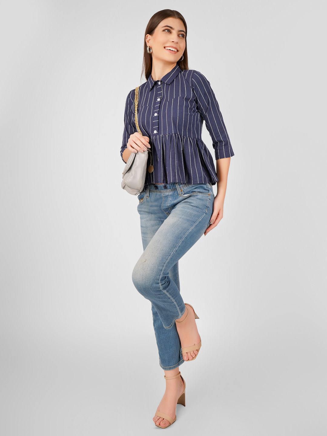 Kinjo Striped Cotton Shirt Style Top - Tops for Women 30106644 | Myntra