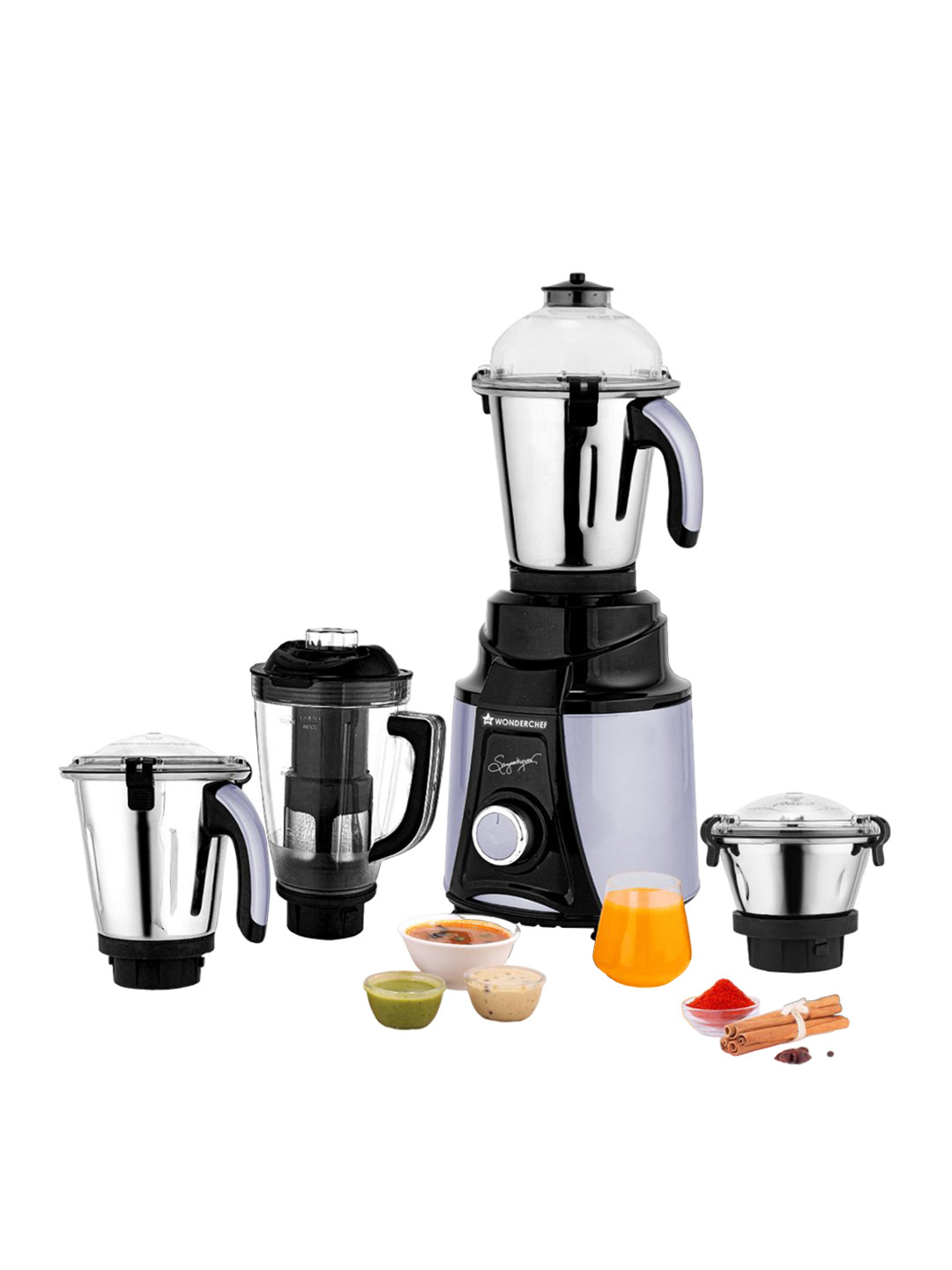 Wonderchef Black Stainless Steel Low Noise 4 Jars Wet and Dry Grinder with Juicer-1000W