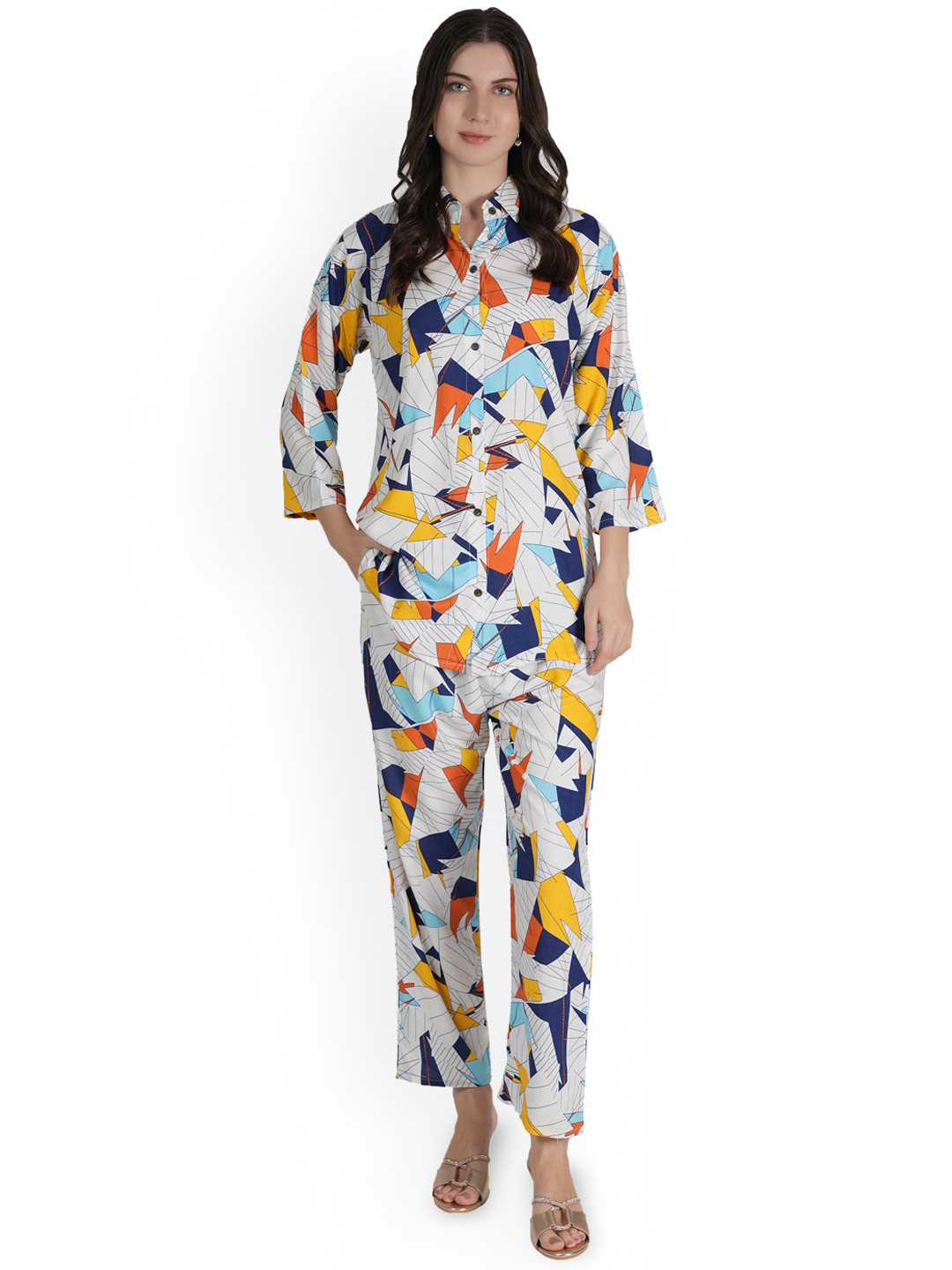 Style Shoes Printed Shirt Collar Neck Shirt & Flared Trouser