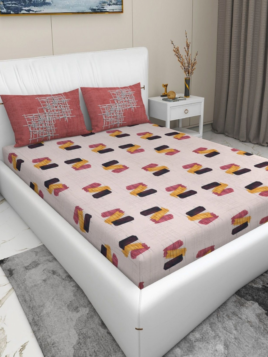 RD TREND Peach Conversational Pure Cotton 210 TC King Superfine Bedsheet with 2 Pillow Covers-108 x 100 inches