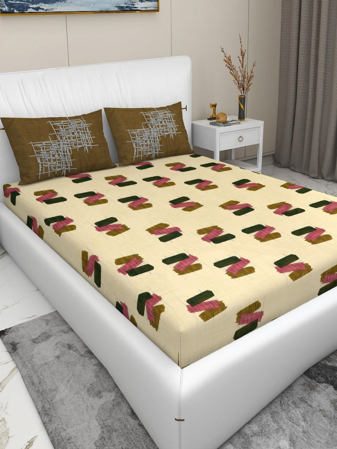 RD TREND Lime Green Abstract Pure Cotton 210 TC King Superfine Bedsheet with 2 Pillow Covers-78 x 74 inches