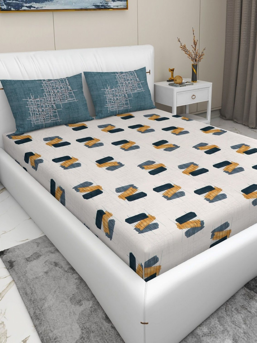 RD TREND Off White Abstract Pure Cotton 210 TC King Superfine Bedsheet with 2 Pillow Covers-108 x 100 inches