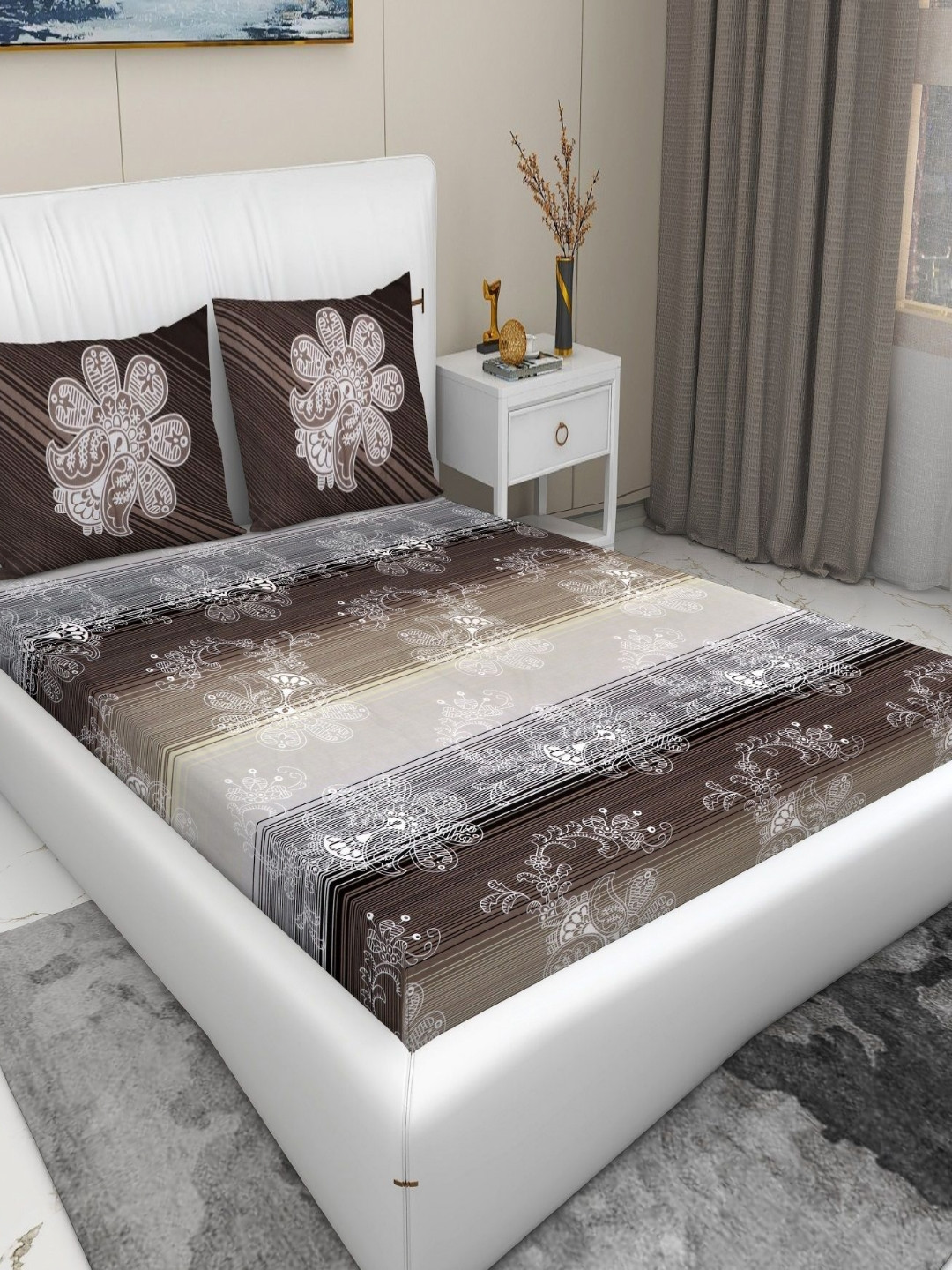 RD TREND Coffee Brown & White Printed 210 TC Pure Cotton King Bedsheet & 2 Pillow Covers