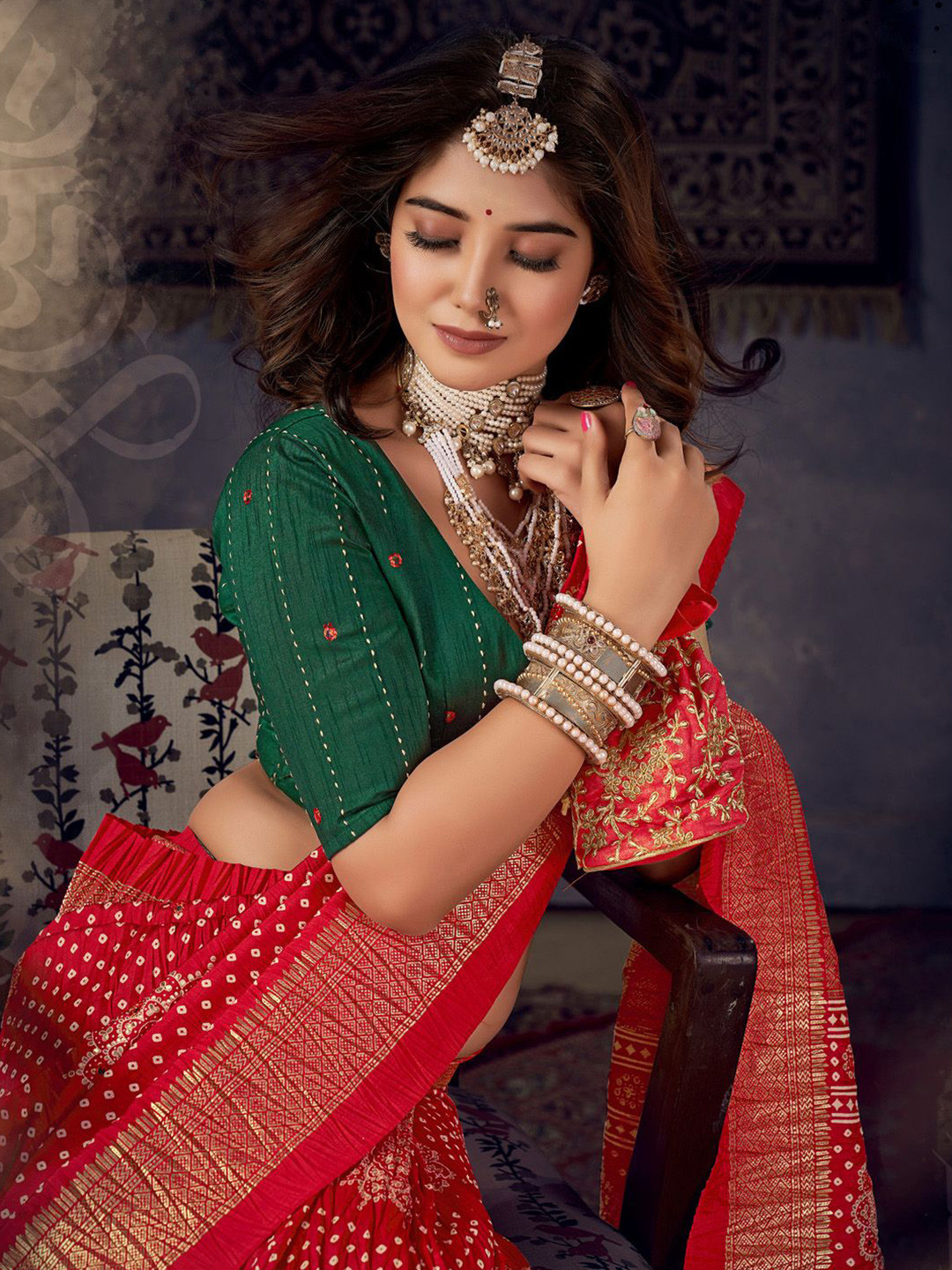 Mitera Mirror Work Bandhani Saree