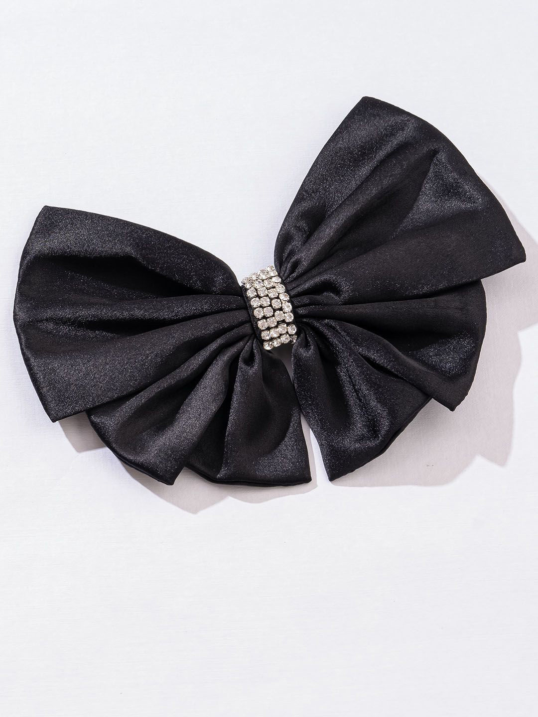 HAIR DRAMA CO. Women Black Satin Crystal Embellished Bow Knot Alligator Clip