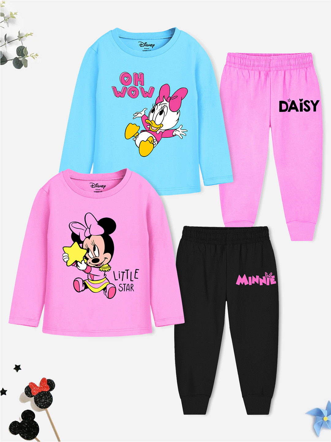 YK Disney Pack Of 2 Girls Minnie Mouse Printed T-shirt With Pyjamas
