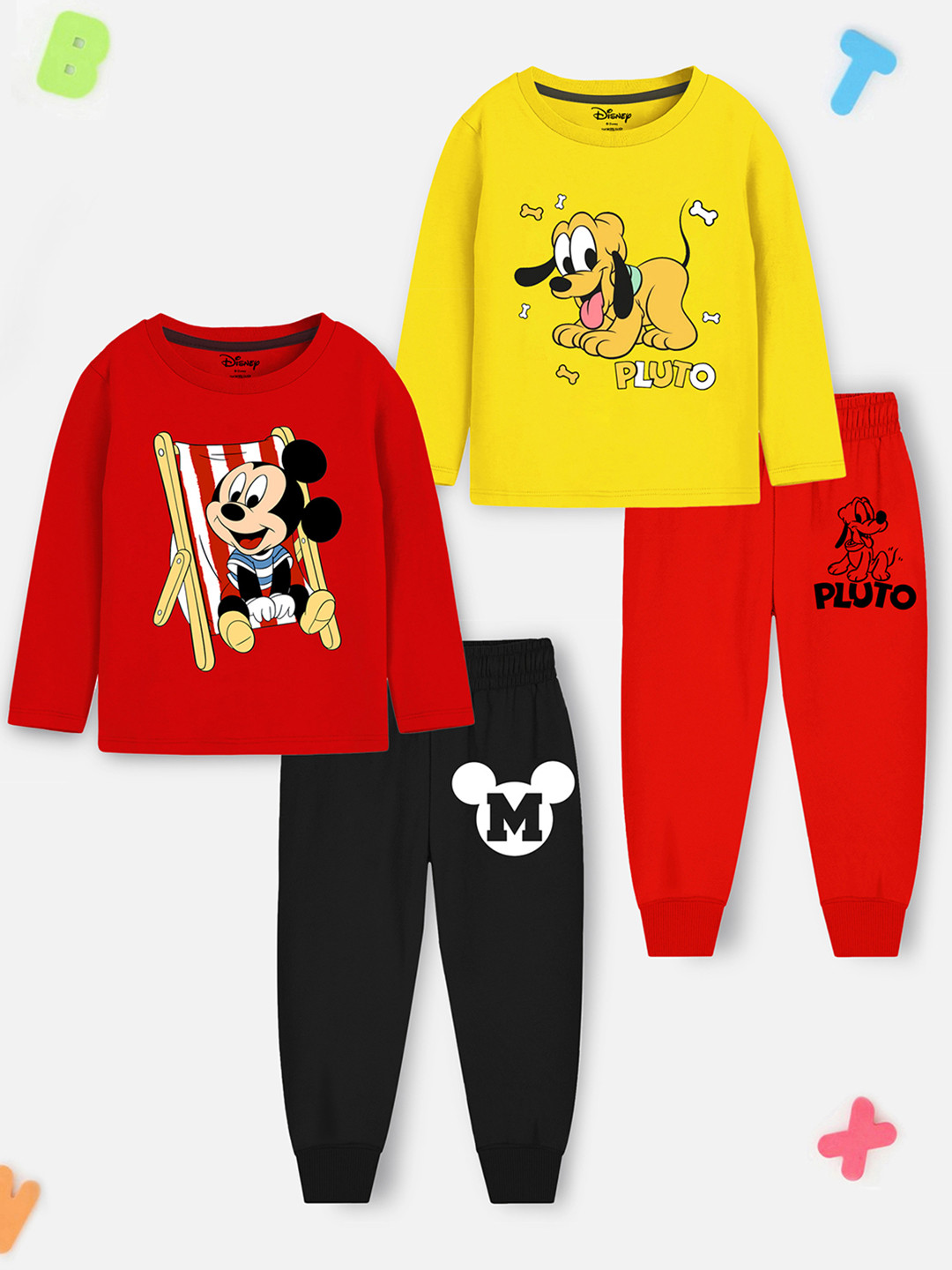 YK Disney Pack Of 2 Boys Mickey Mouse Printed T-shirt With Pyjamas