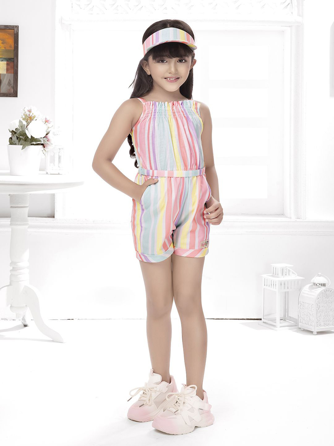 Tiny Baby Girls Linen Striped Jumpsuit With Belt And Cap