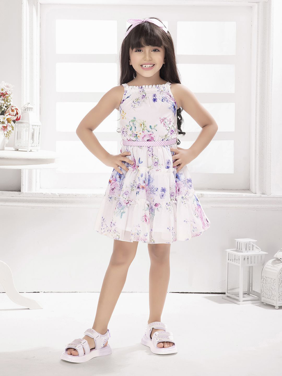 Tiny Baby Girls Floral Printed Fit & Flare Mini Dress with Belt and Hairband