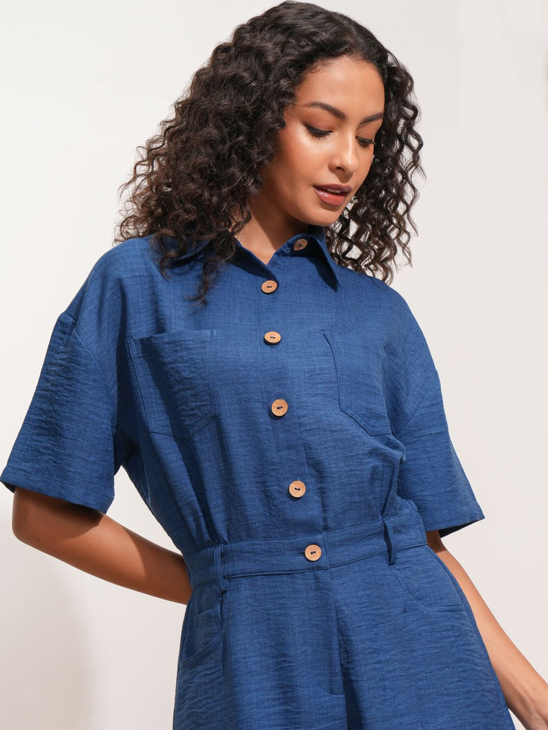 ESPYR By Tokyo Talkies Blue Shirt Collar Short Sleeves Jumpsuit