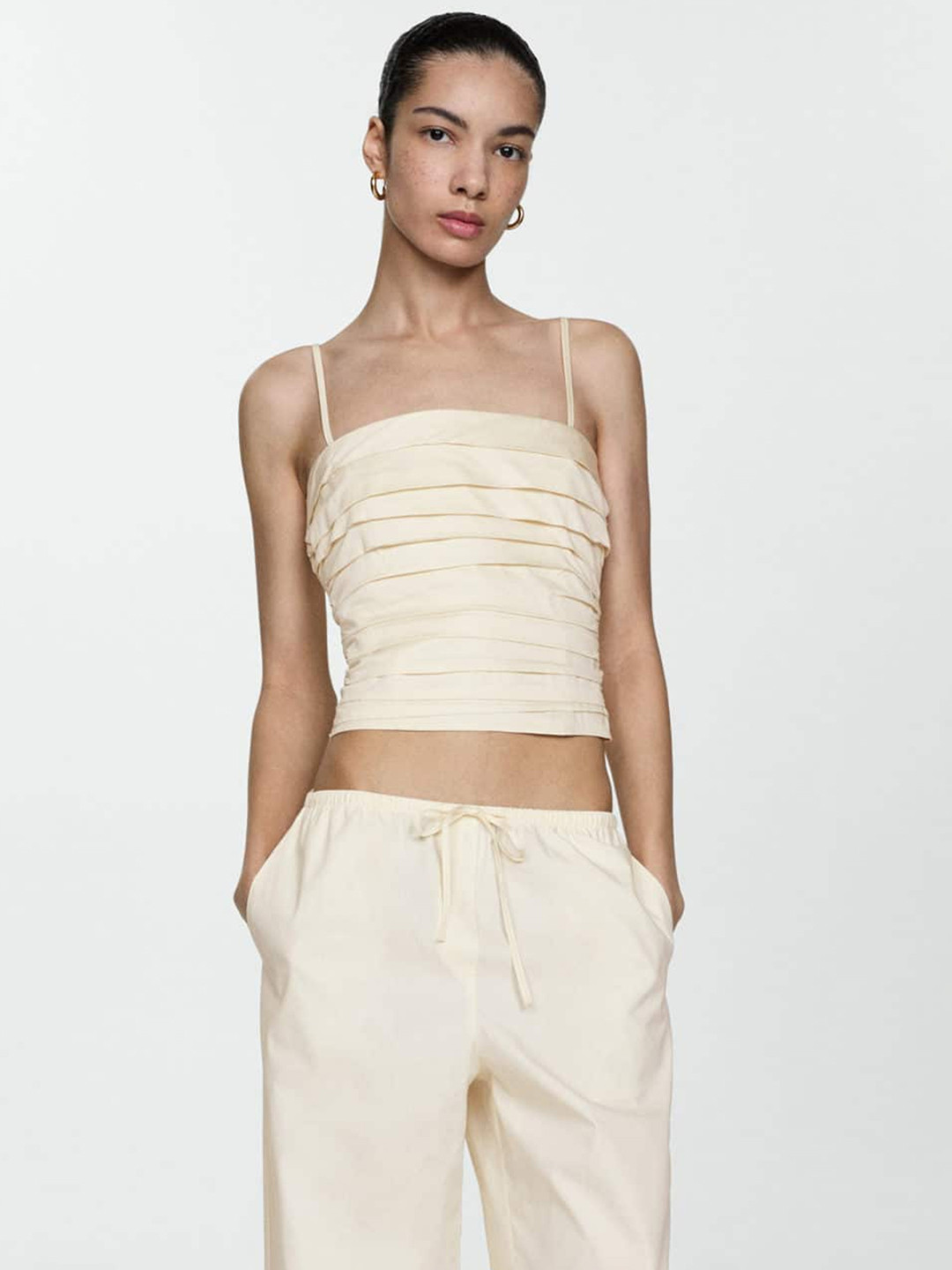 MANGO Smocked Cotton Layered Shoulder Straps Top