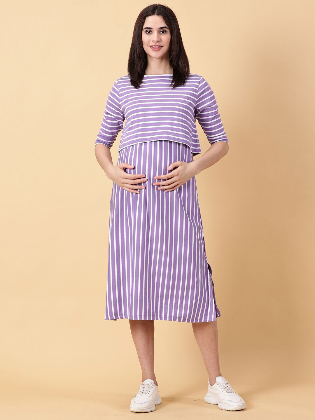 PURPLE FLAUNT Striped Maternity A-Line Midi Dress