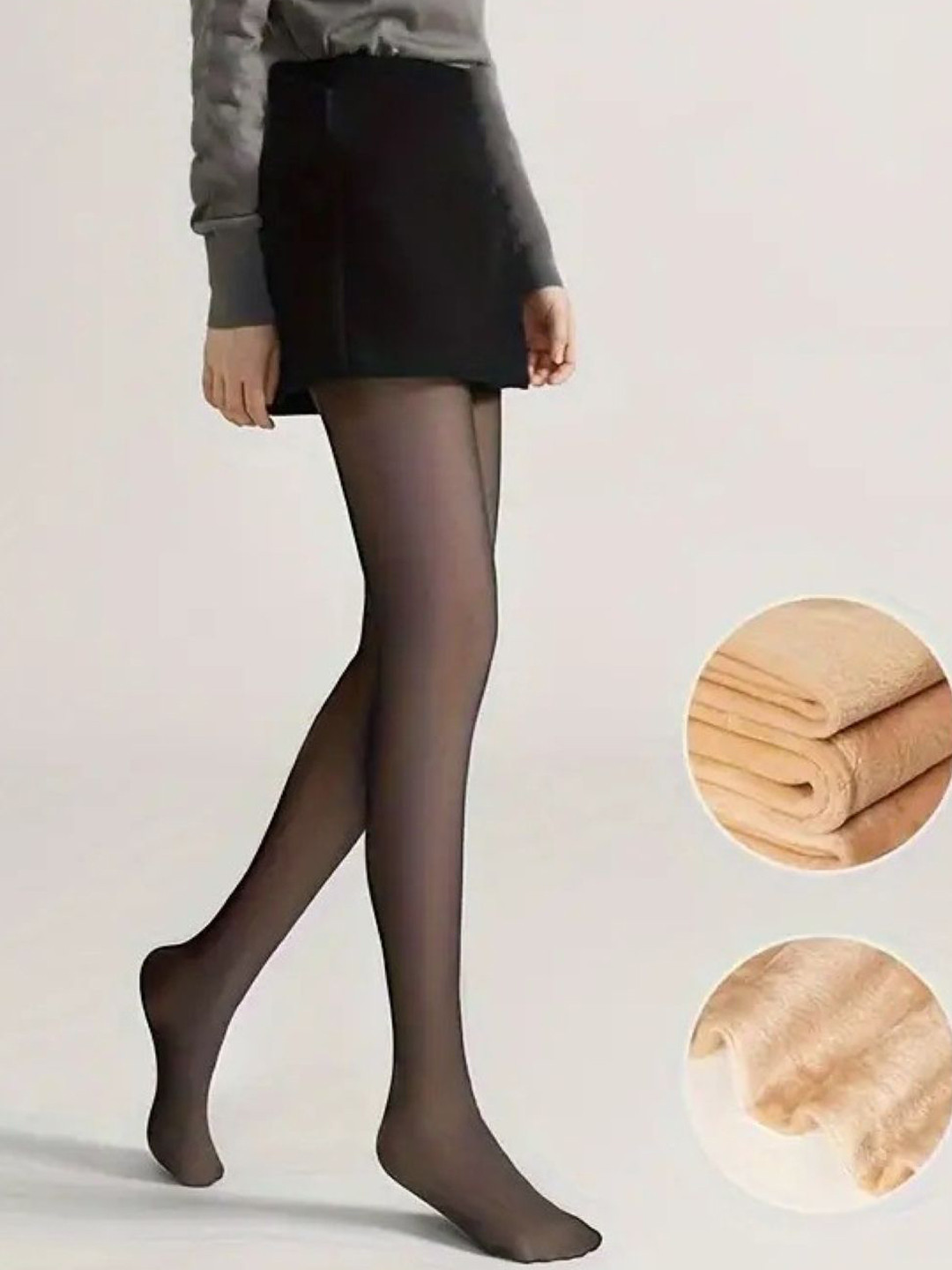 Poftik Fur Lined High Waist Dual Tone Pantyhose Winter Stockings