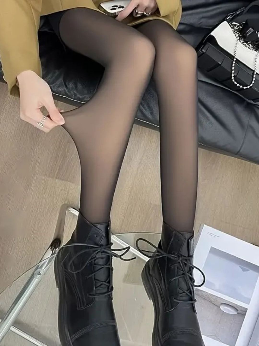 Poftik Fur Lined High Waist Dual Tone Pantyhose Winter Stockings