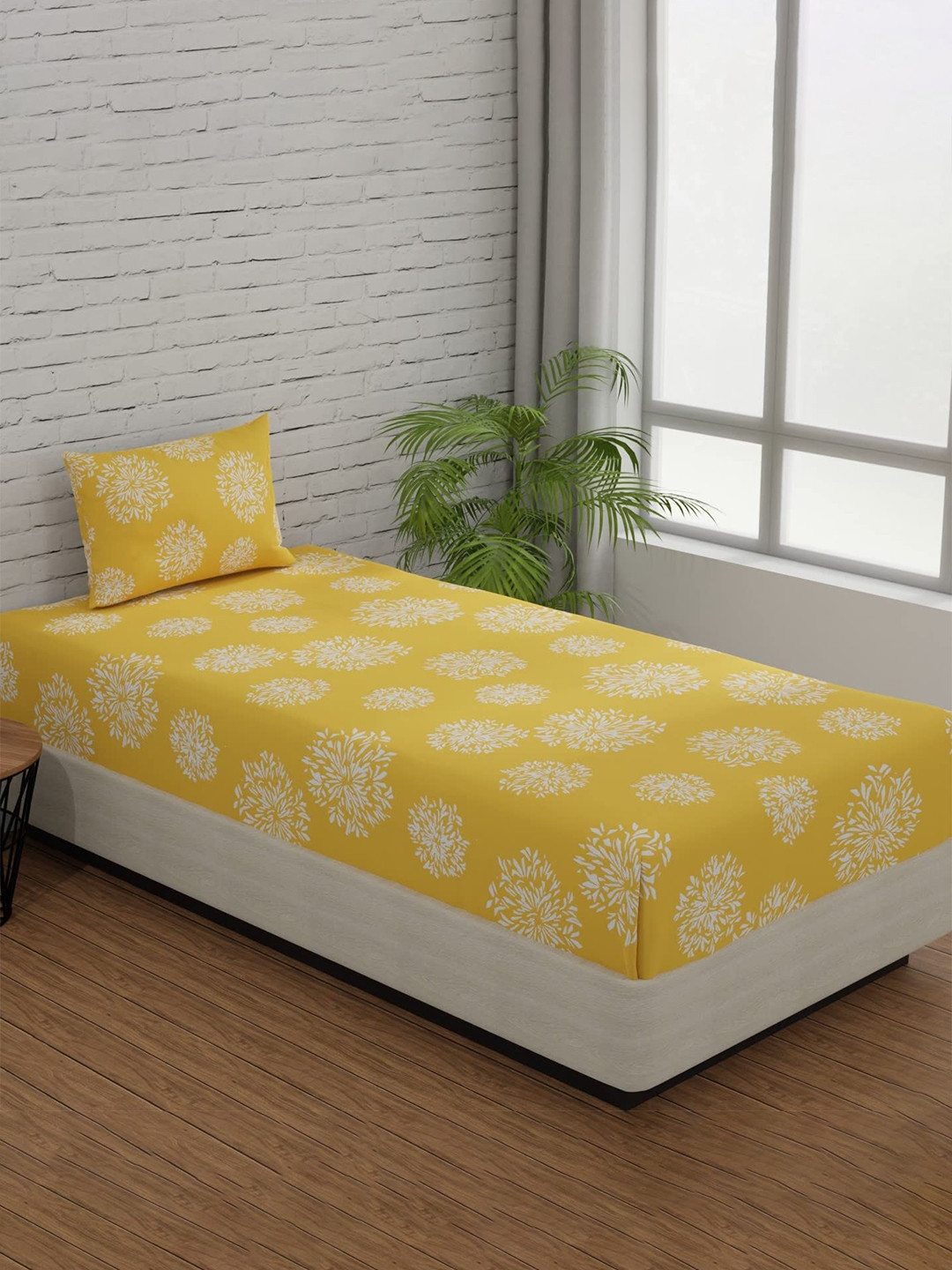 Huesland Yellow Floral 144 TC Fitted Single Bedsheet with a Pillow Cover-36 x 78 inches