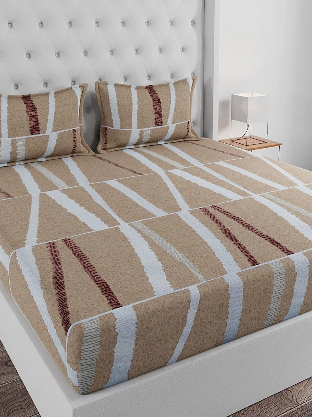 Huesland Tan Abstract Cotton 144 TC King Bedsheet with 2 Pillow Covers-108 x 110 inches