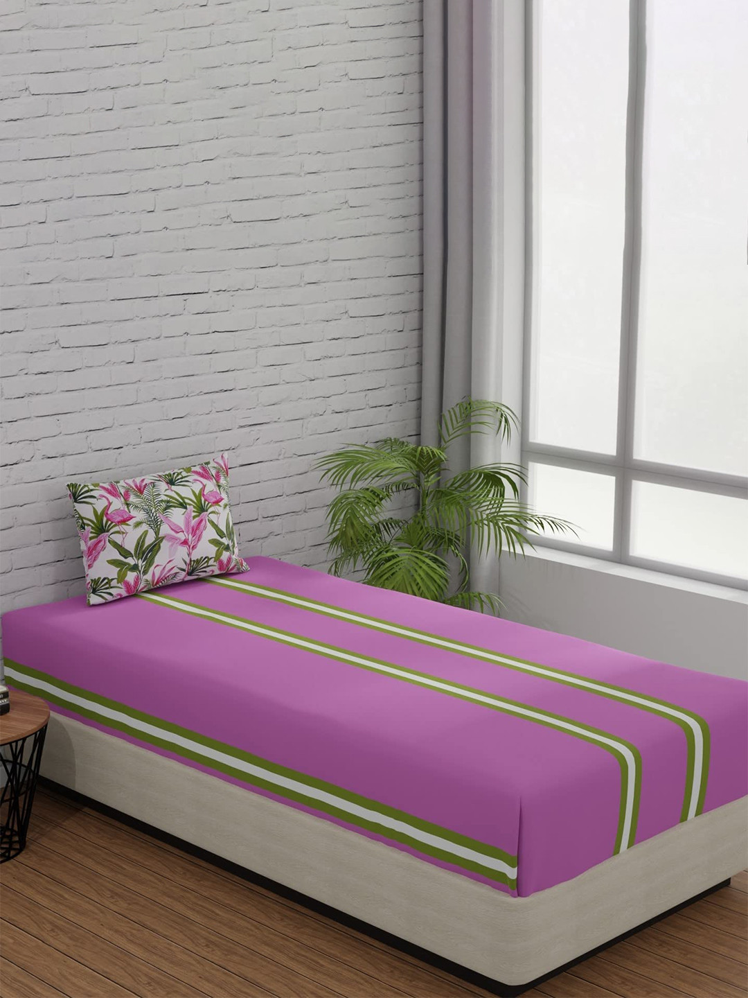 Huesland Pink Floral Cotton 144 TC Fitted Single Bedsheet with a Pillow Cover-55 x 90 inches