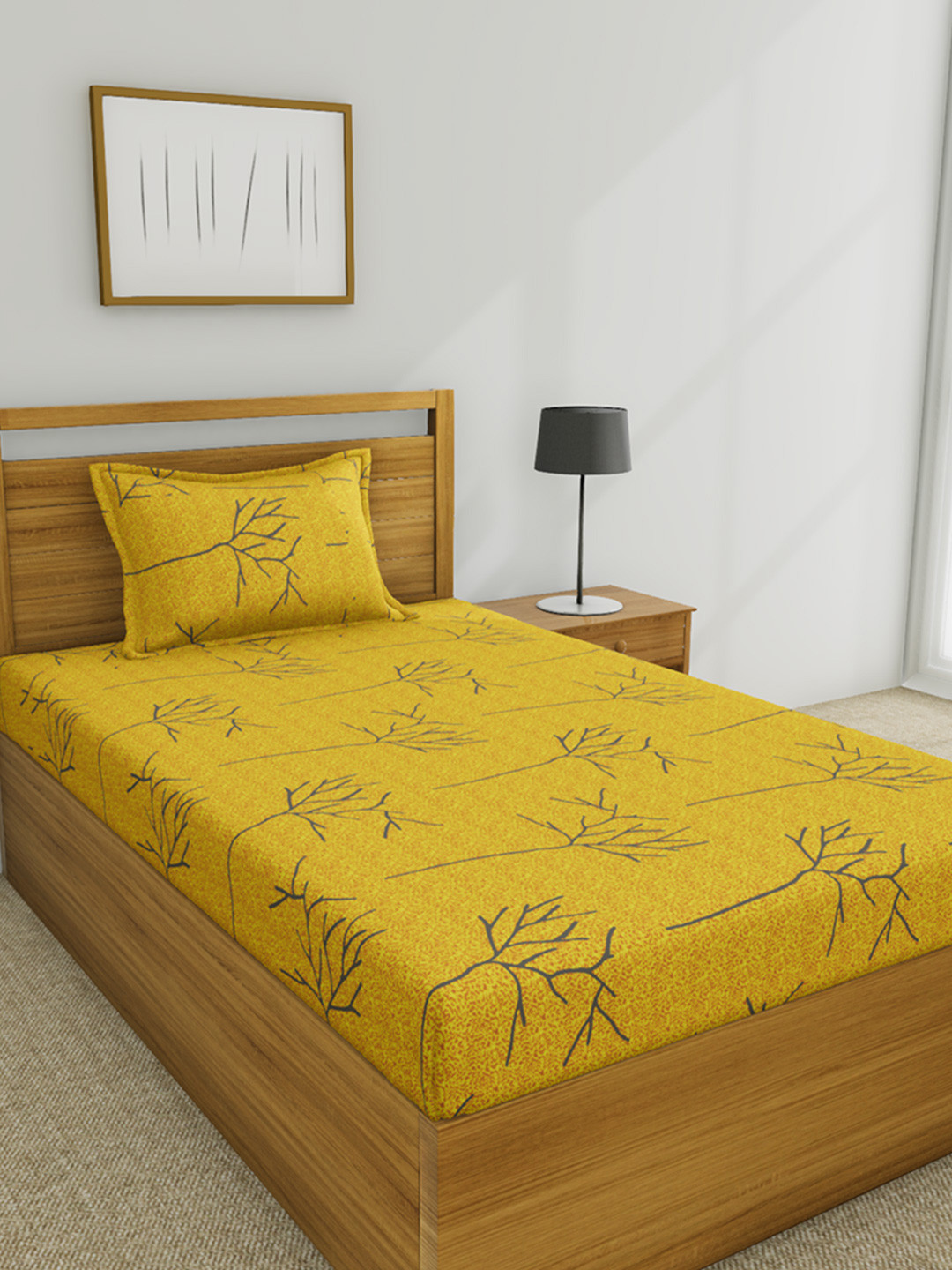 Huesland Yellow Graphic Cotton 144 TC Single Bedsheet with a Pillow Cover-90 x 55 inches