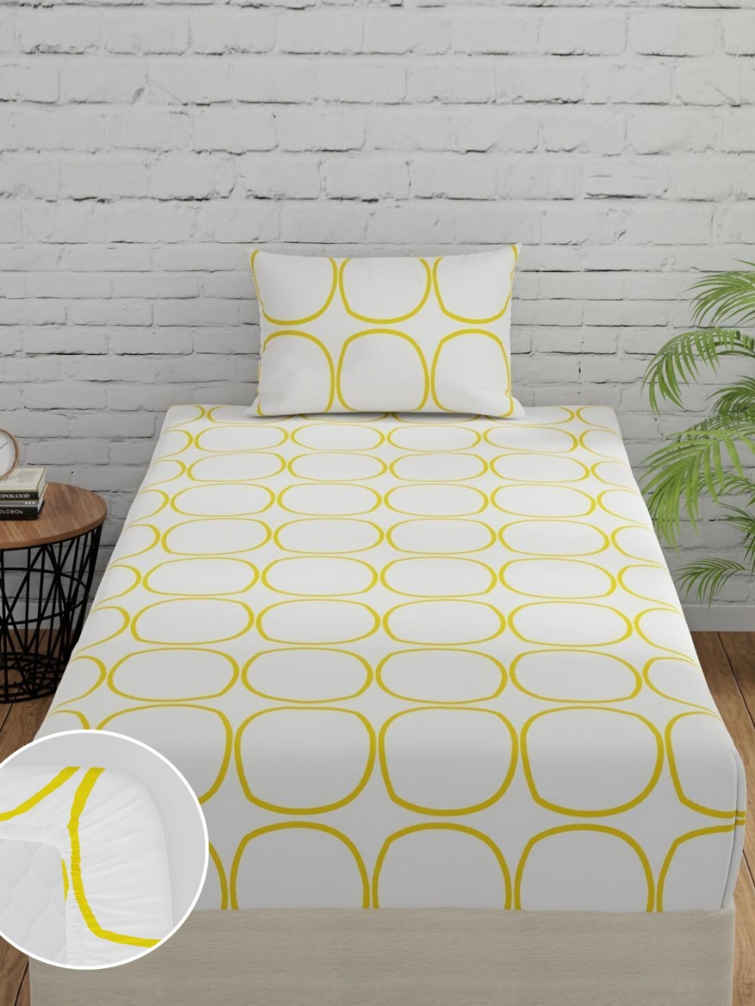 Huesland White Geometric 144 TC Fitted Single Bedsheet with a Pillow Cover-90 x 55 inches