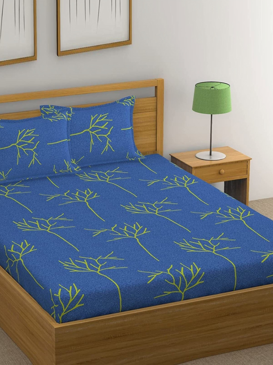 Huesland Blue Graphic Cotton 144 TC King Bedsheet with 2 Pillow Covers-108 x 110 inches