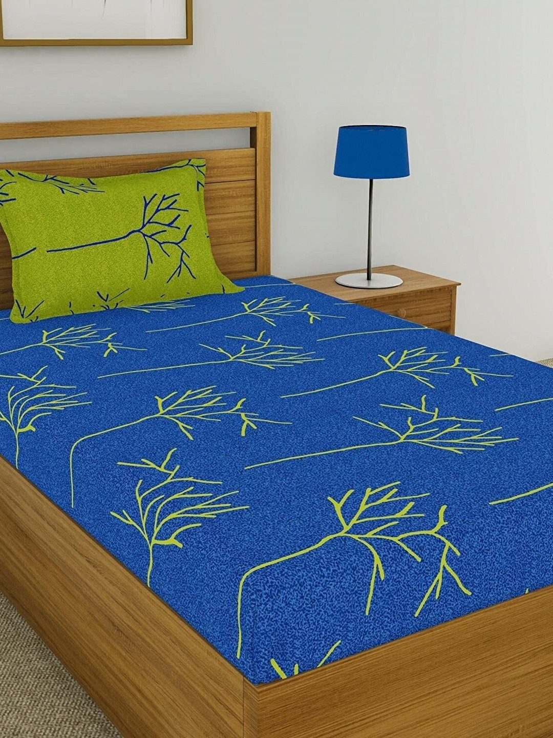 Huesland Blue Floral Cotton 144 TC Single Bedsheet with a Pillow Cover-90 x 55 inches