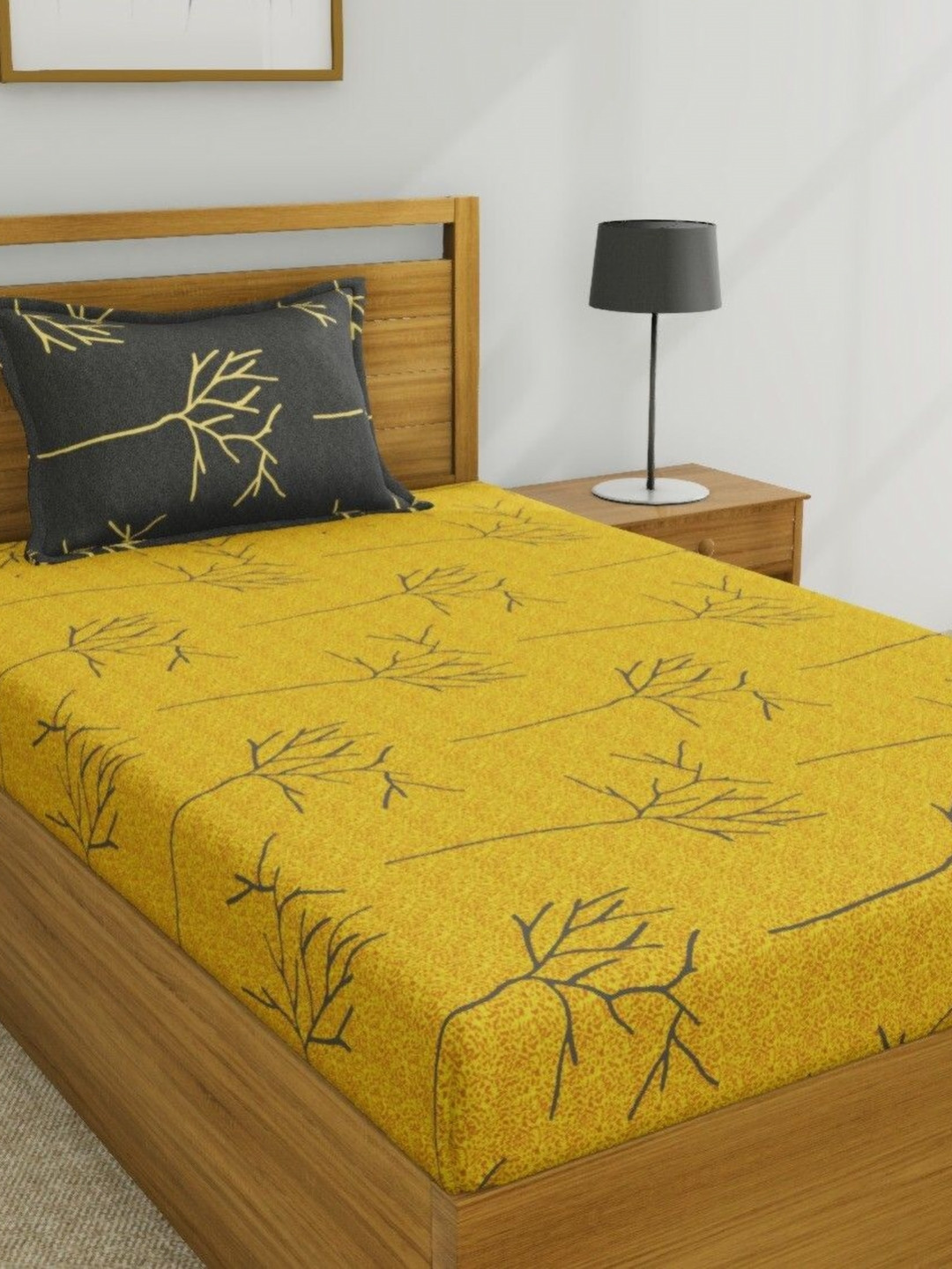 Huesland Yellow Graphic Cotton 144 TC Single Bedsheet with a Pillow Cover-227 x 139 cm