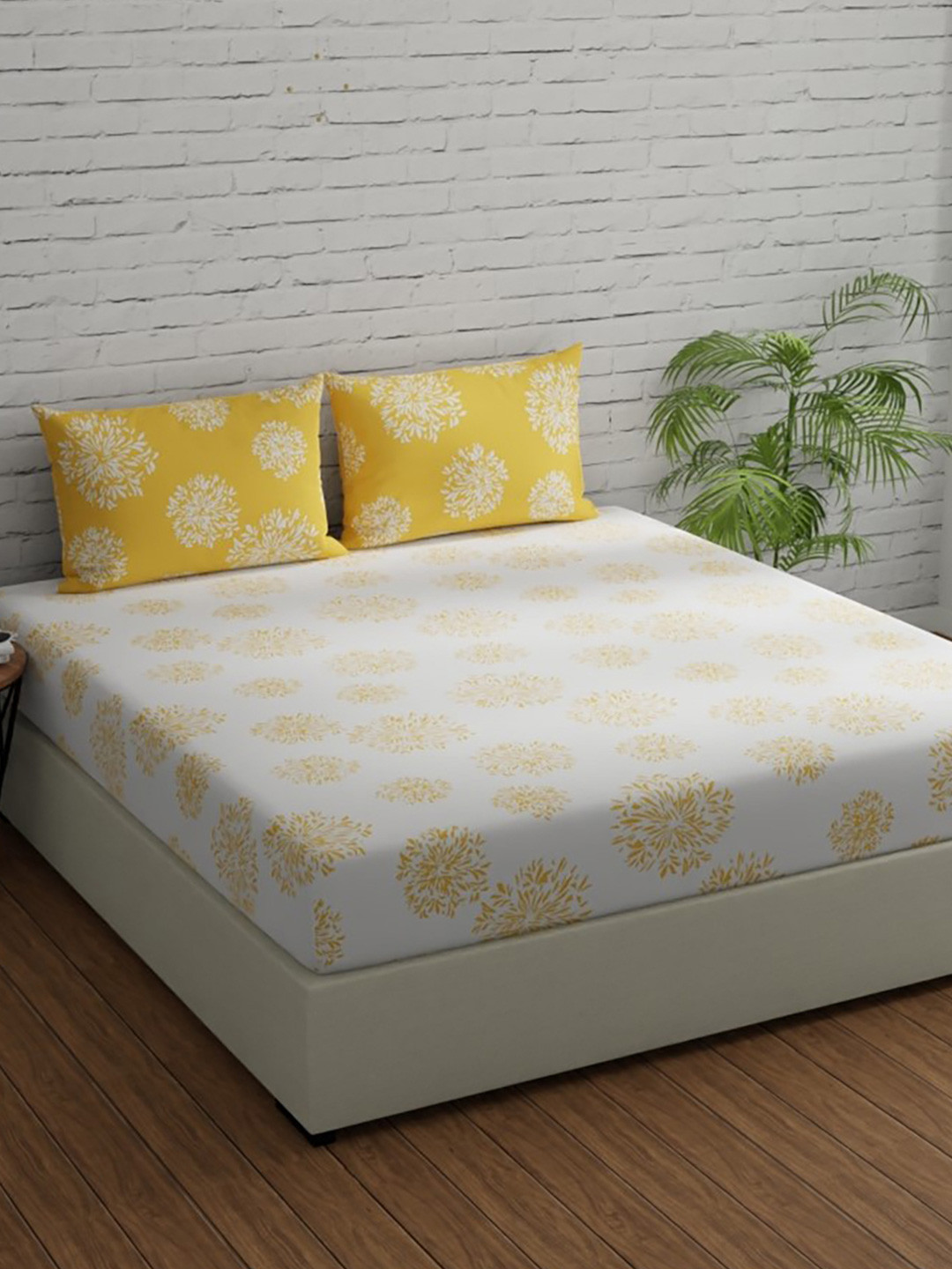 Huesland White & Yellow Floral Fitted Cotton 144 TC Double Queen Bedsheet Set