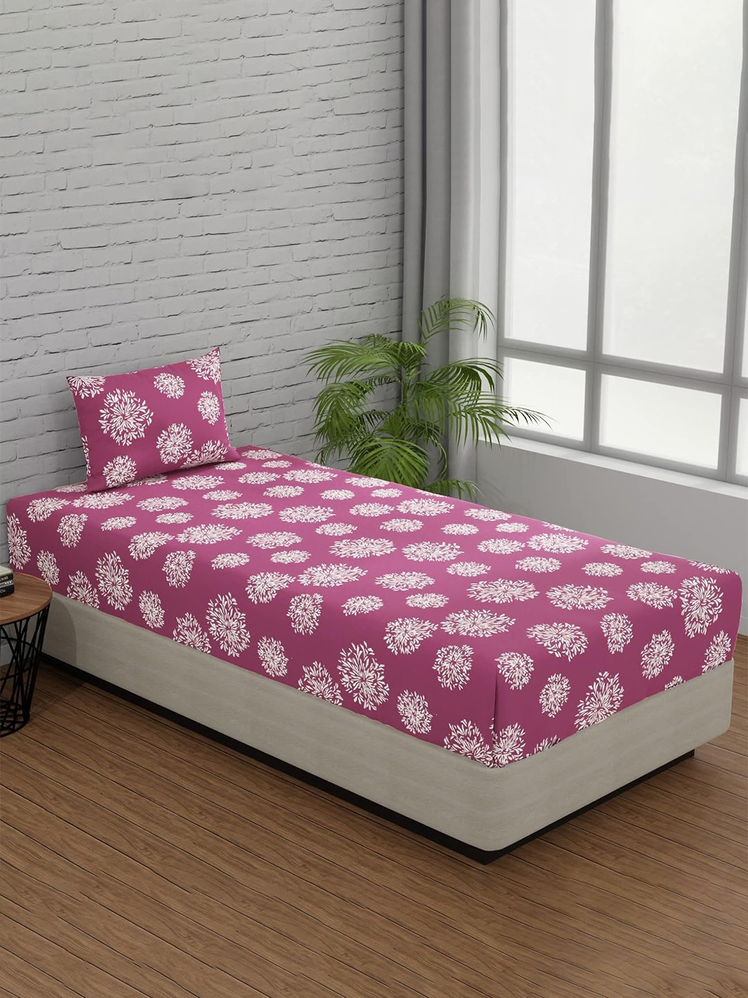 Huesland Mauve Floral 144 TC Fitted Single Bedsheet with a Pillow Cover-9 x 78 x 8 inches