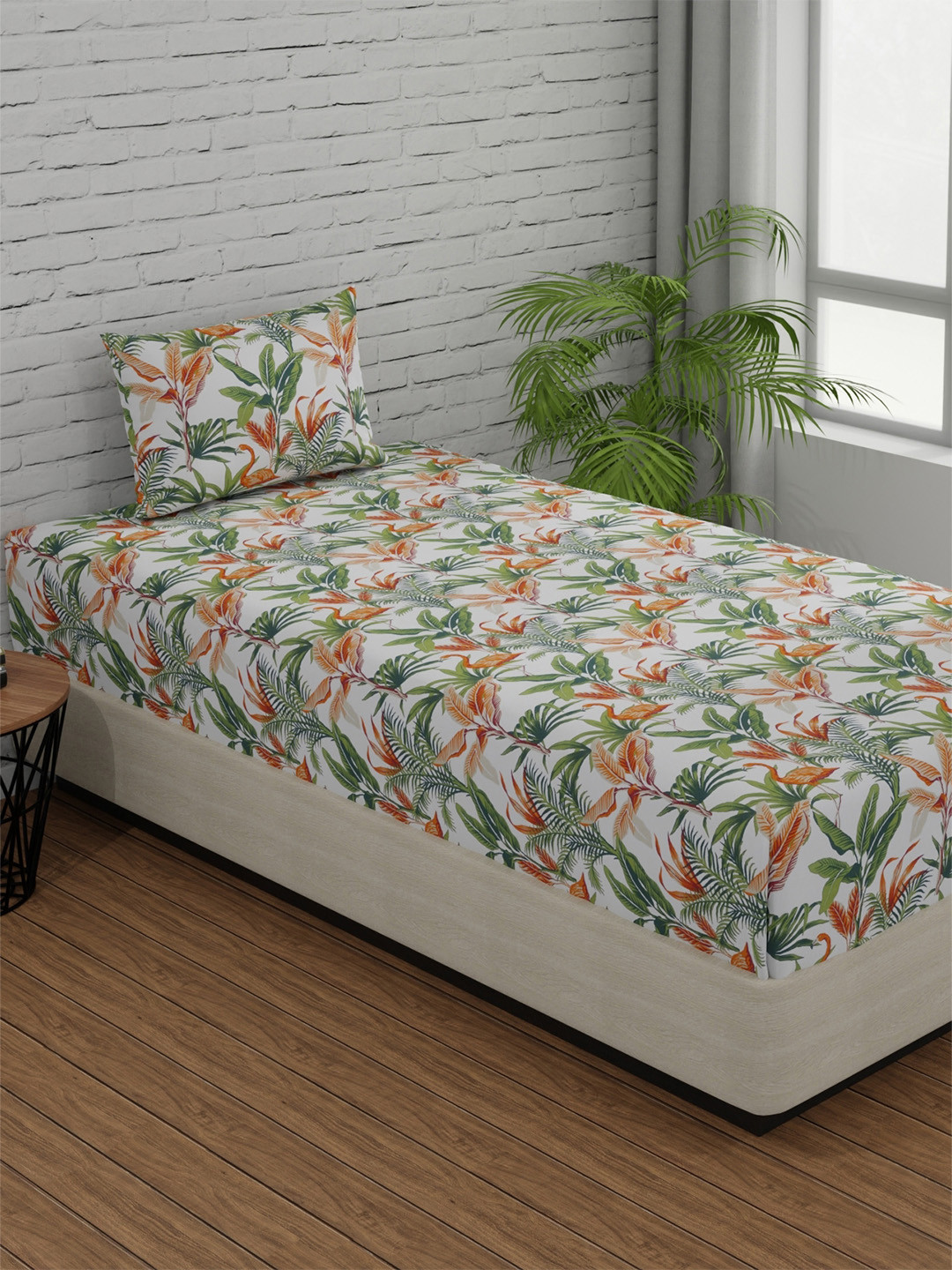 Huesland Green Floral Cotton 144 TC Fitted Single Bedsheet with a Pillow Cover-78 x 8 inches