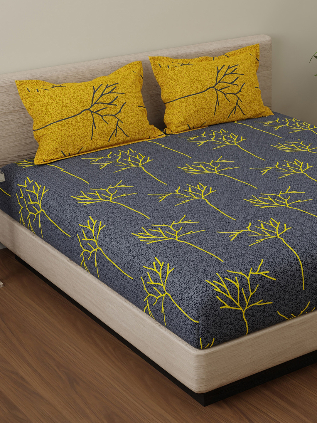 Huesland Book Fold Grey Floral Cotton 144 TC King Bedsheet with 2 Pillow Covers-108 x 110 inches