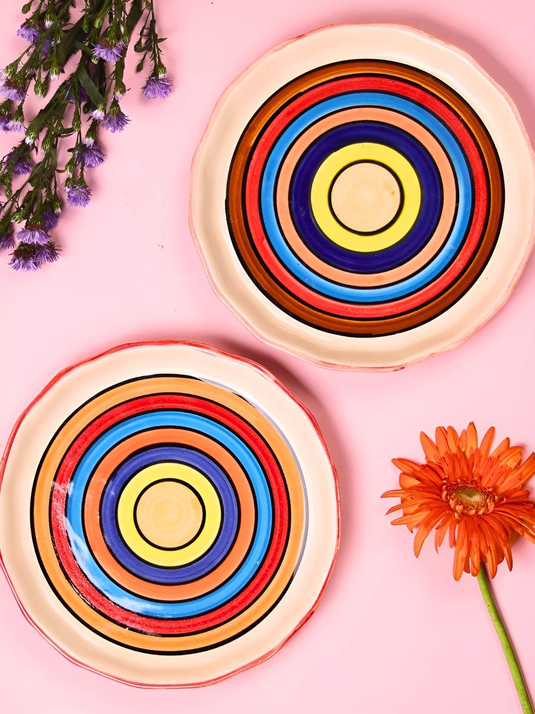 WEAVING HOMES Pink & Yellow 2 Pieces Printed Rainbow Swirl Plates
