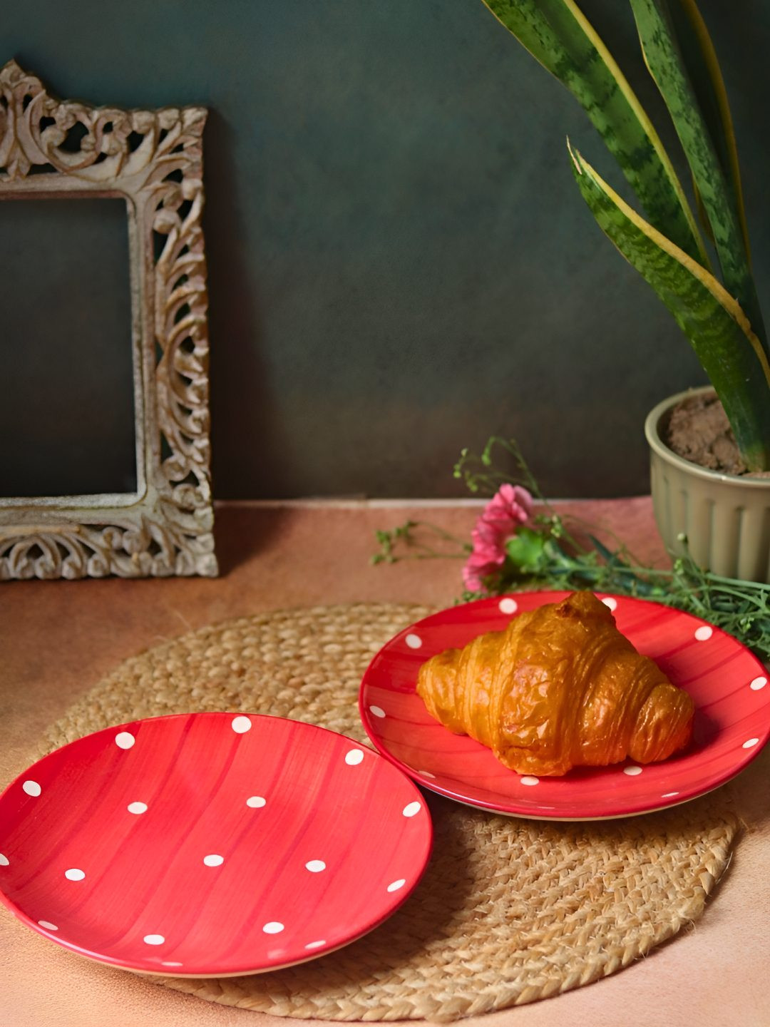 WEAVING HOMES Red & White 2 Pieces Printed Ceramic Joy Plate