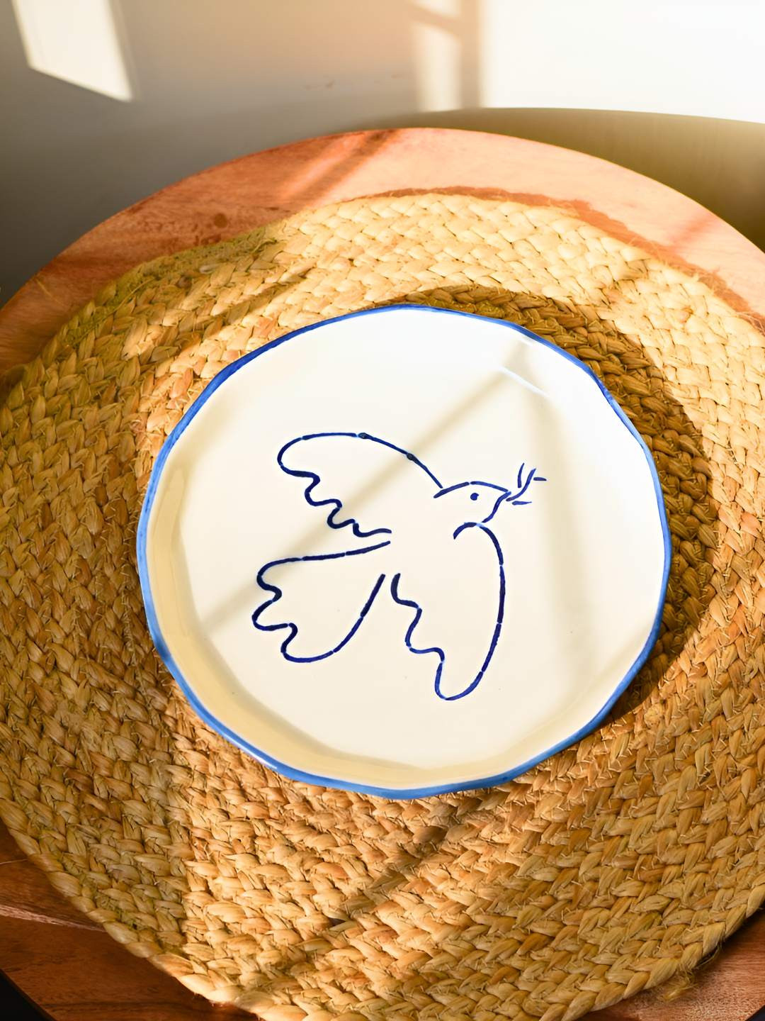 WEAVING HOMES White & Blue Bird Printed Microwave Safe Ceramic Snack Plate