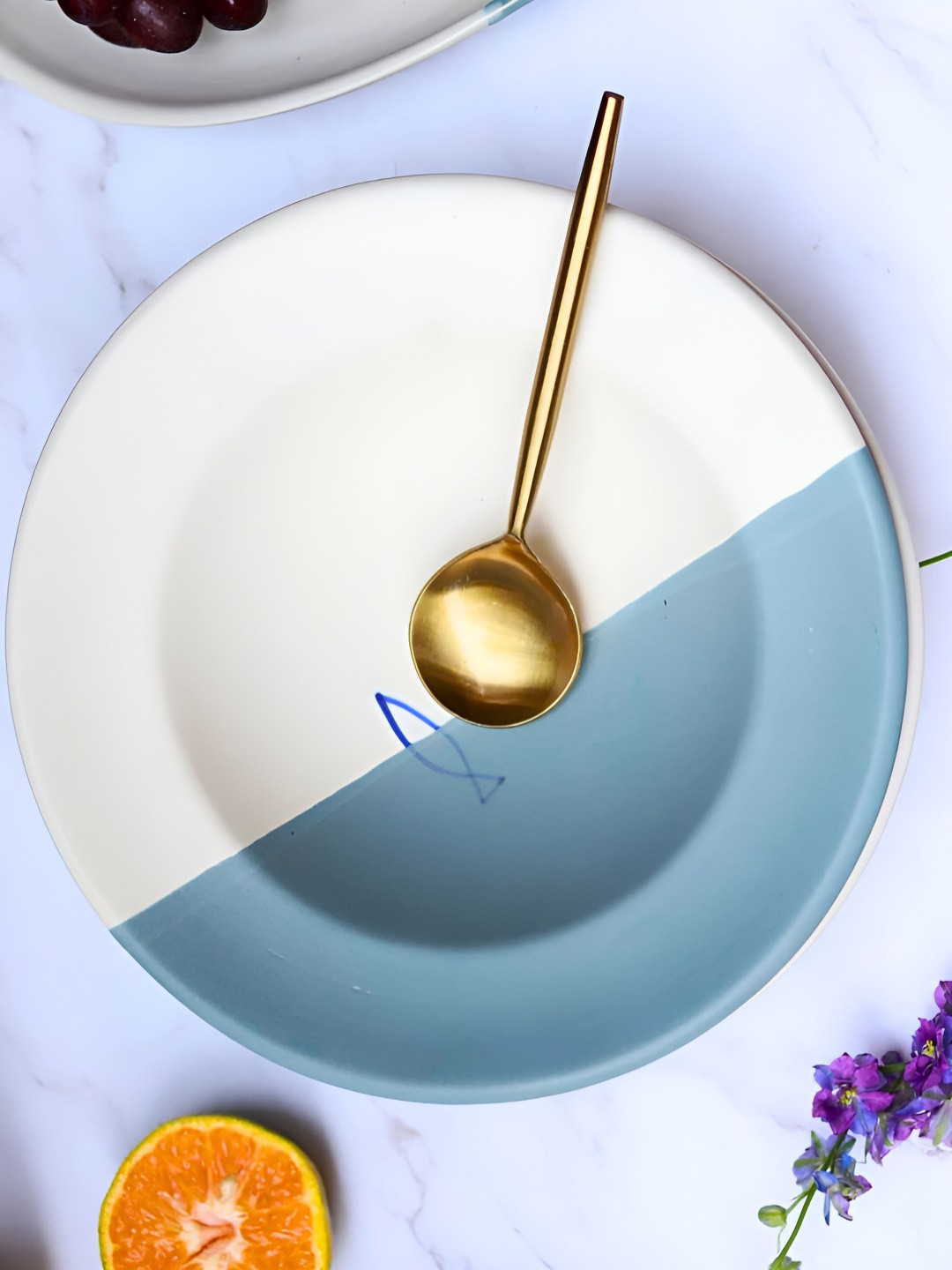 WEAVING HOMES Coastal Catch White & Blue Printed Microwave Safe Ceramic Pasta Plate