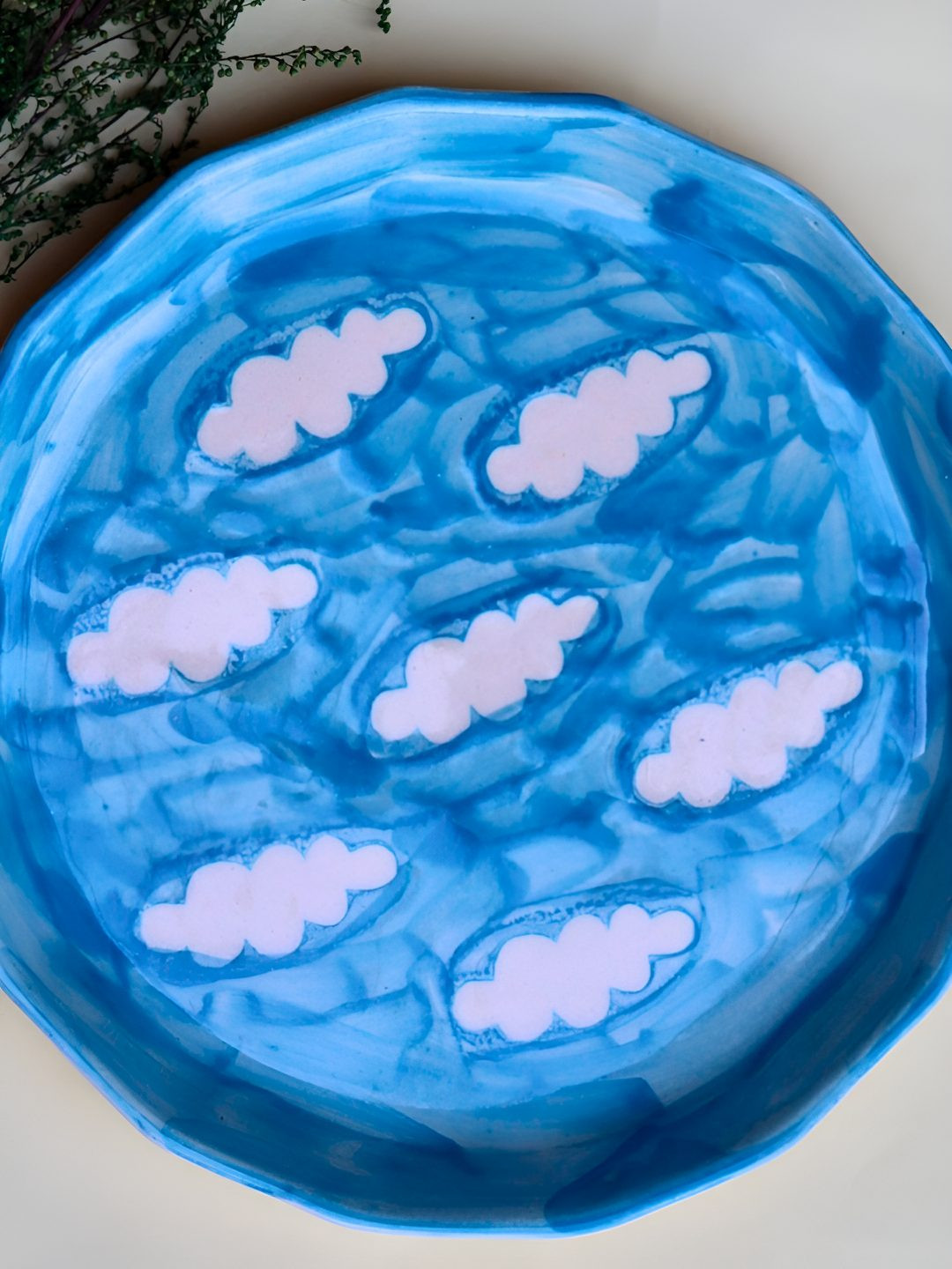 WEAVING HOMES  Blue & White Cloud Printed Microwave Safe Ceramic Plate