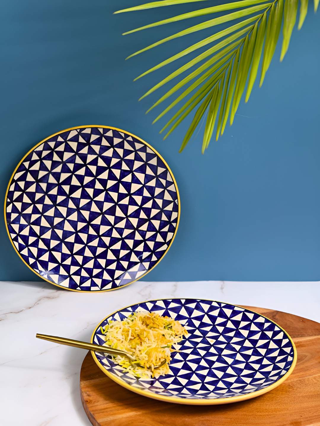 WEAVING HOMES Blue & White 2 Pieces Printed Microwave Safe Glossy Ceramic Dinner Plates