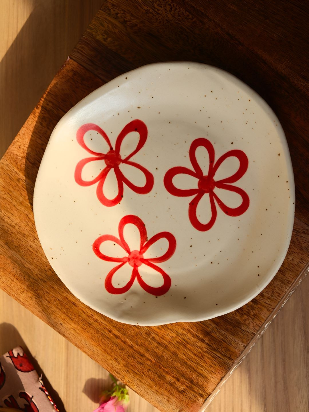 WEAVING HOMES Red & White Printed Microwave Safe Glossy Ceramic Pasta Plate