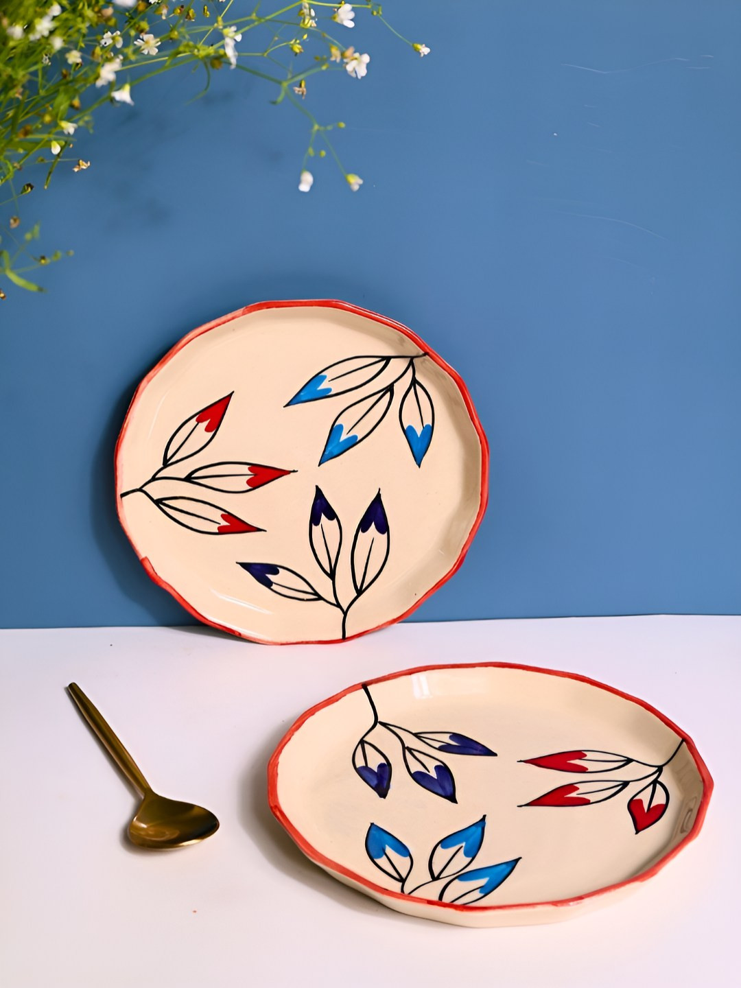 WEAVING HOMES White & Blue 2 Pieces Printed Microwave Safe Glossy Ceramic Petals Plate
