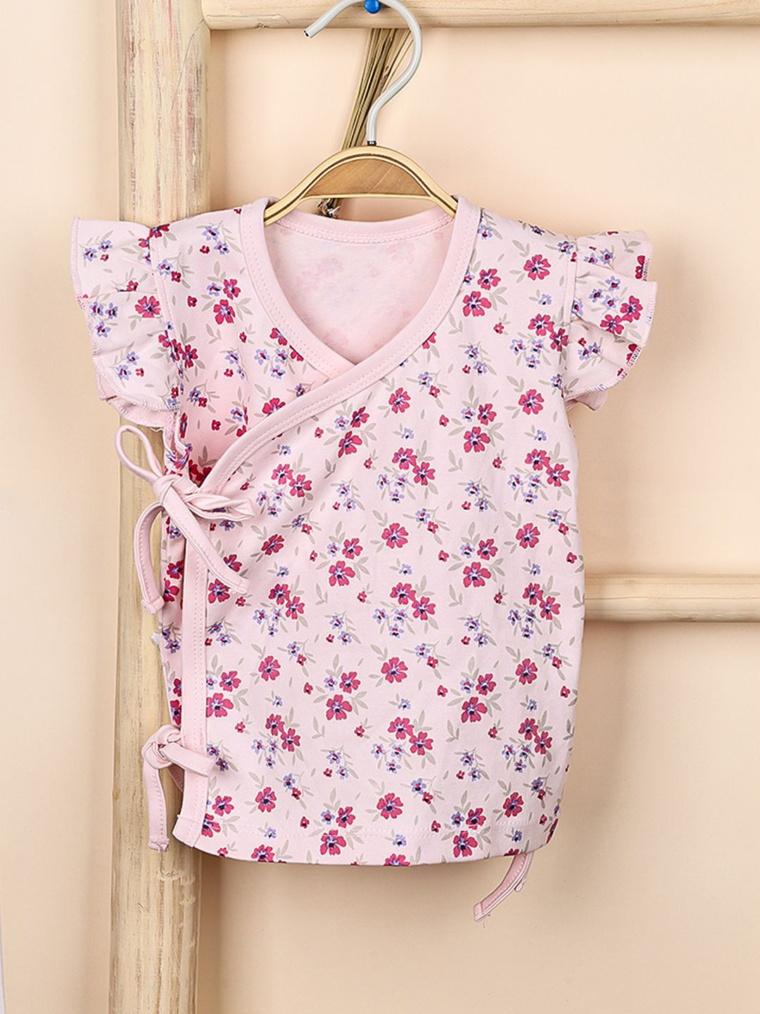 Moms Home Floral Print Flutter Sleeve Organic Cotton Wrap Top