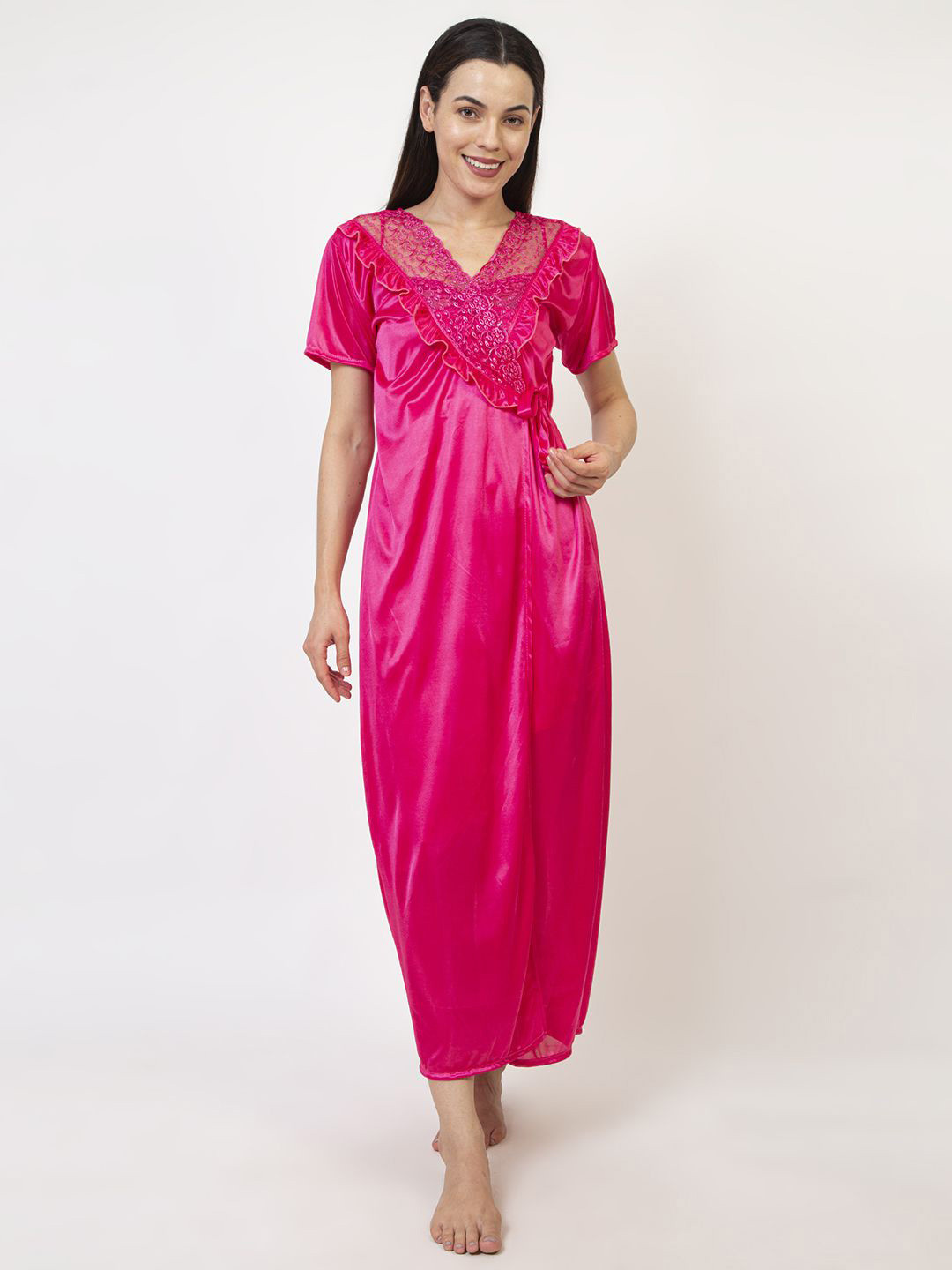AVYAY Floral Lace Shoulder Straps Satin Nightdress With Robe