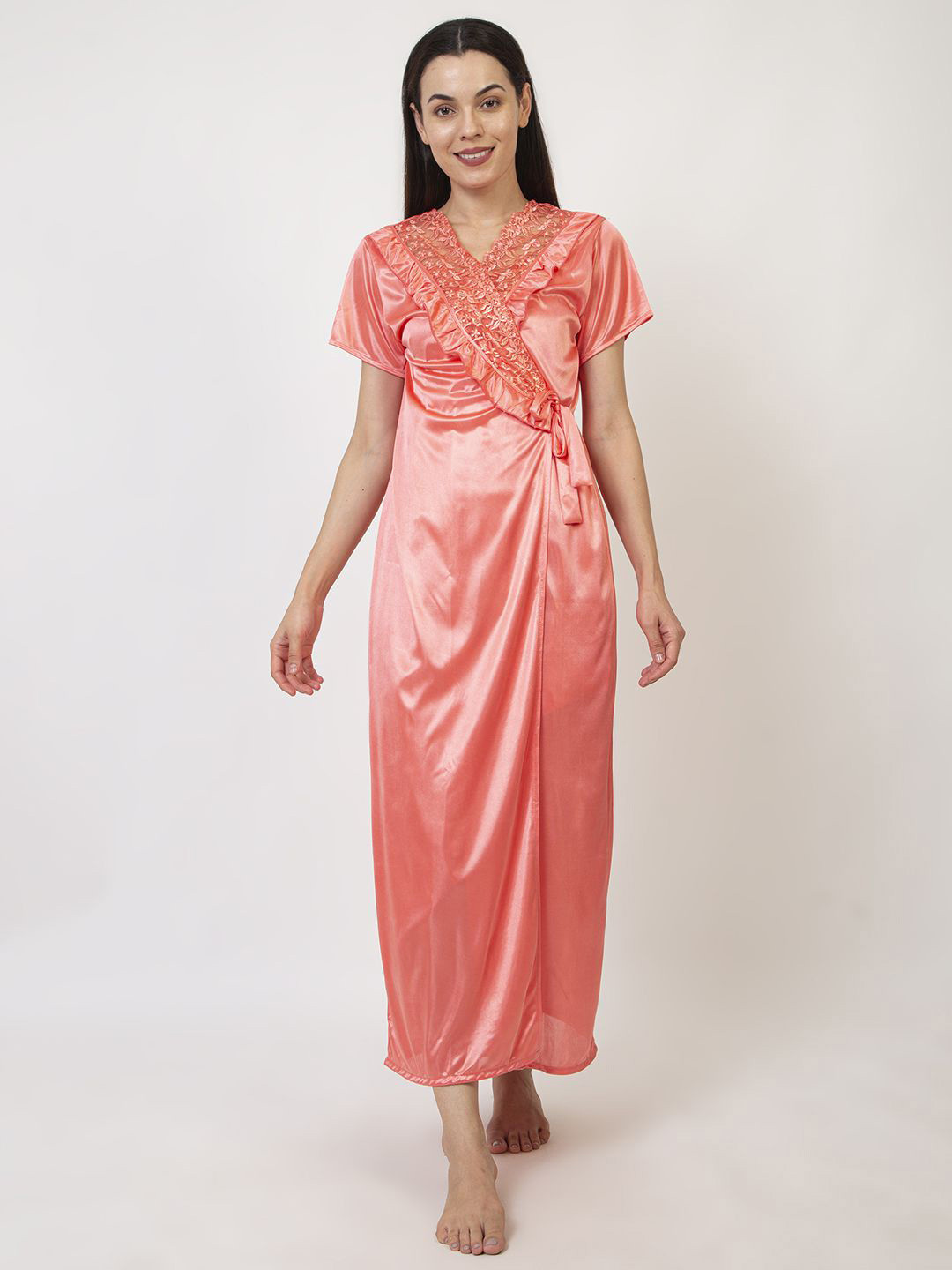 AVYAY Floral Lace Shoulder Straps Satin Nightdress With Robe