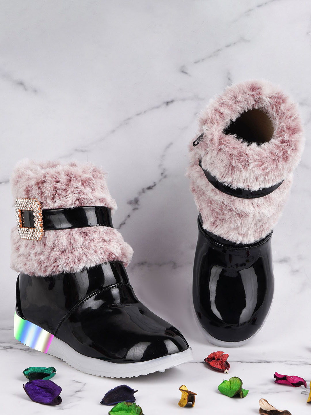 BAESD Girls Embellished Faux Fur Side Zip LED Light  Winter Boot