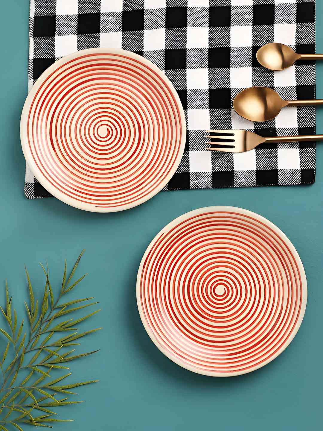 Aura Red & Cream 6 Pieces Spiral Printed Glossy Ceramic Plates