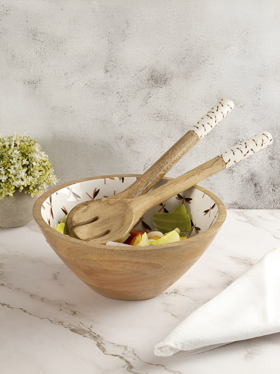 Metalsmith Brown & White 3 Pieces Printed Wooden Spoon & Bowl