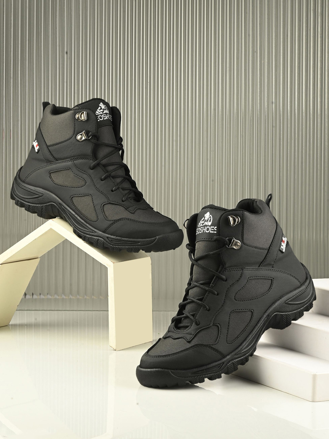Leo's Fitness Shoes Men Laced Up Mid-Top Biker Boots
